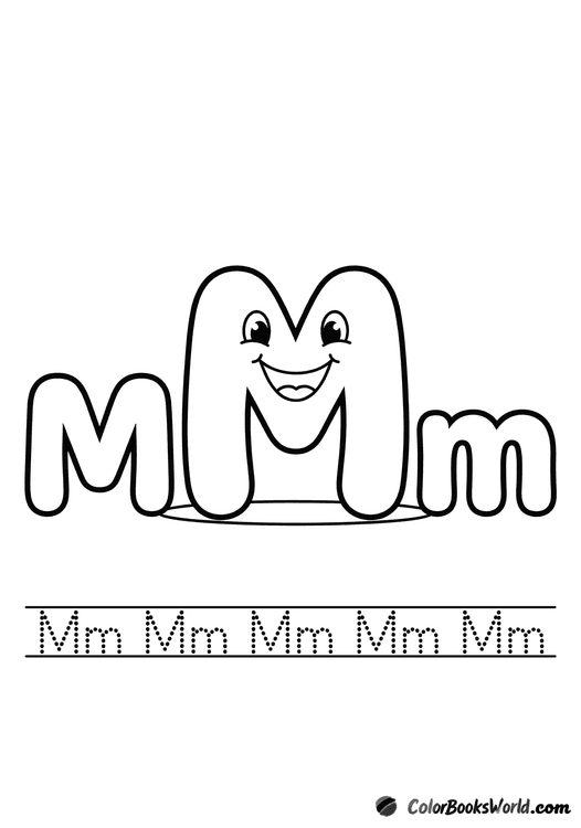Smiling letter M character between big bubble M and m, with a dotted tracing line below.