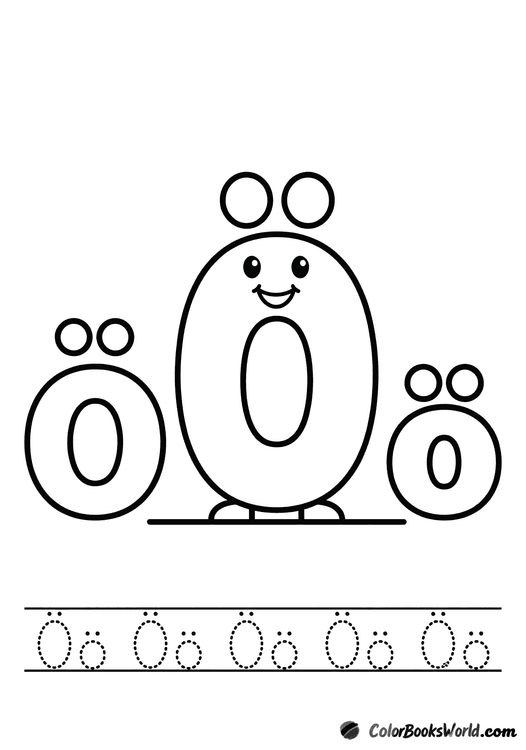 Smiling Ö character between large bubble Ö and ö, with a dotted tracing line below.