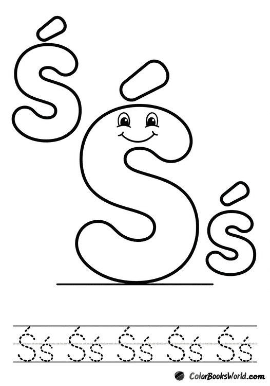 Smiling Ś character between large bubble Ś and ś, with a dotted tracing line below.