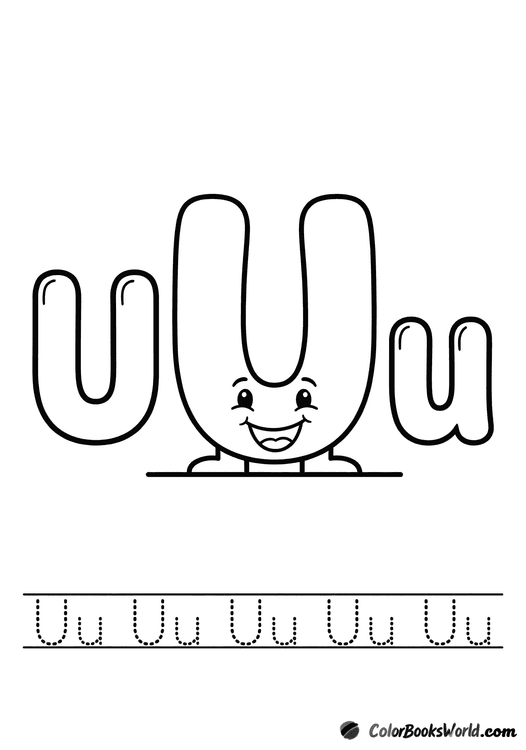 Smiling U-shaped character between large bubble letters U and u, with a dotted tracing row below.