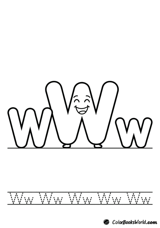 A smiling W character between large bubble letters W and w, with a dotted tracing line below.