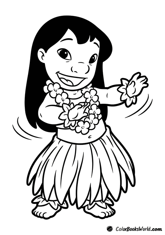 Lilo performs a Hawaiian hula dance wearing a grass skirt and flower lei.