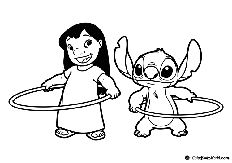 Lilo and Stitch play together, each holding a hula-hoop.