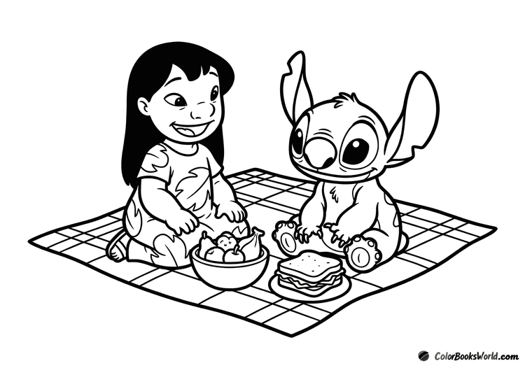Lilo and Stitch sit together on a picnic blanket with snacks laid out in front of them.