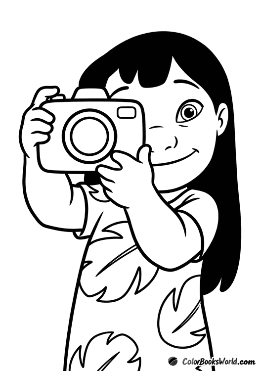 Lilo from Lilo & Stitch holding a simple camera up to her eye.