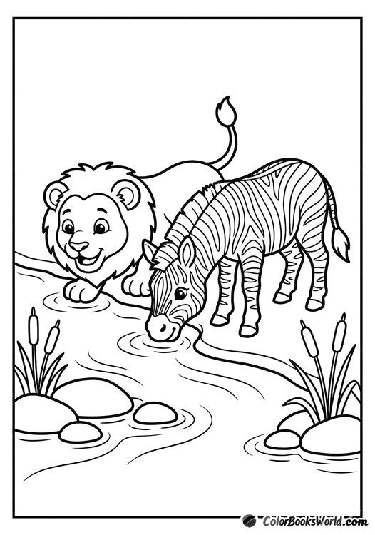 A lion cub and a young zebra drink side by side from a shallow stream with reeds and stones.