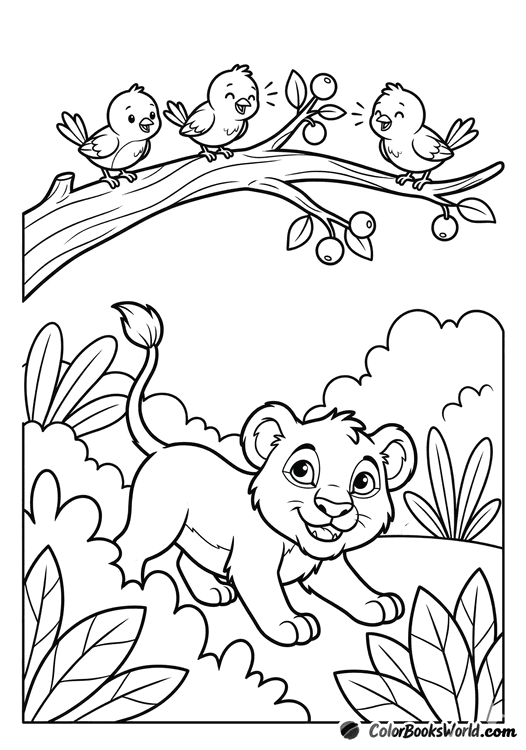 A smiling lion cub crouches in bushes, watching three small birds perched on a branch.