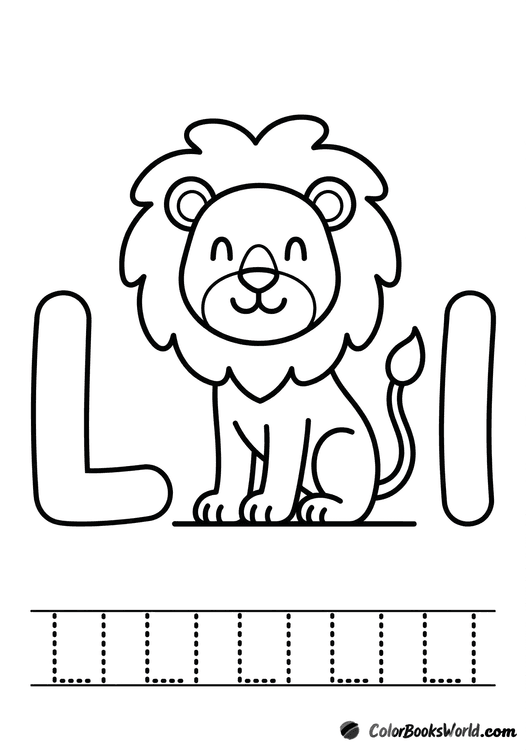 A smiling lion with a fluffy mane beside uppercase and lowercase L, with a dotted tracing line below.