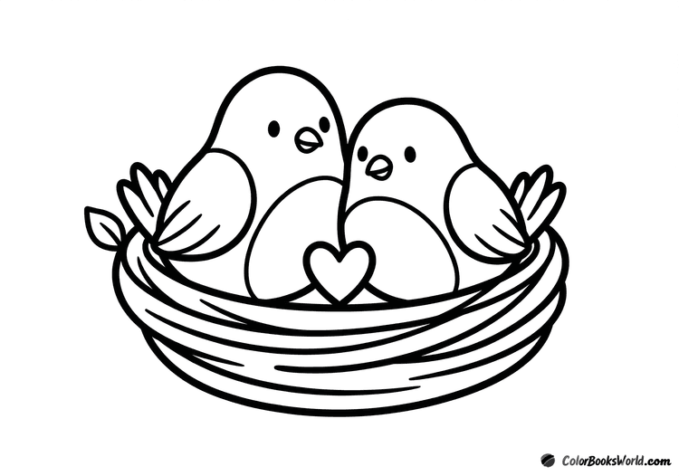 Two chubby lovebirds sit together in a nest with a small heart between them.