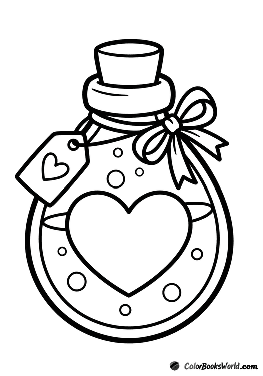 A rounded potion bottle with a cork stopper, heart-shaped label, ribbon, and bubbles inside.