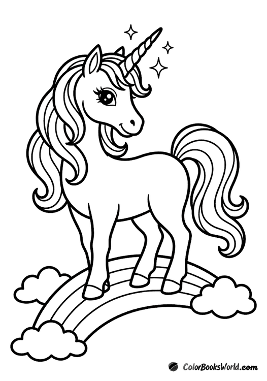 A graceful unicorn stands on a curved rainbow arc, with clouds and sparkles around its horn.
