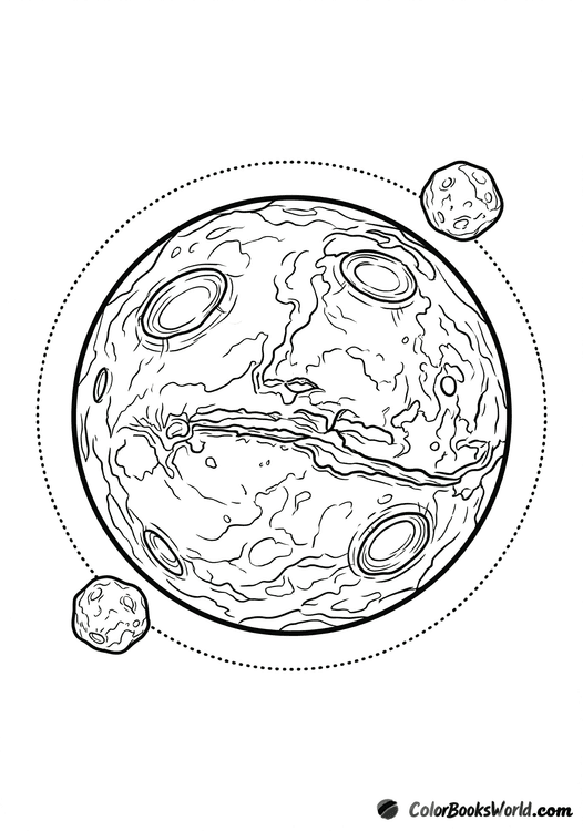 Mars with craters and ridges, with the moons Phobos and Deimos nearby.