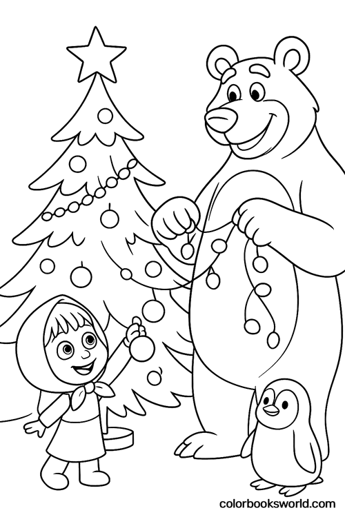 Masha hangs an ornament on the Christmas tree as Bear holds lights and Penguin watches nearby.