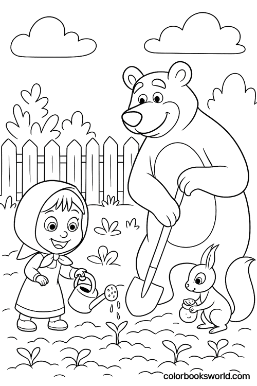 Masha waters seedlings as Bear digs a hole and Squirrel carries seeds in the vegetable garden.