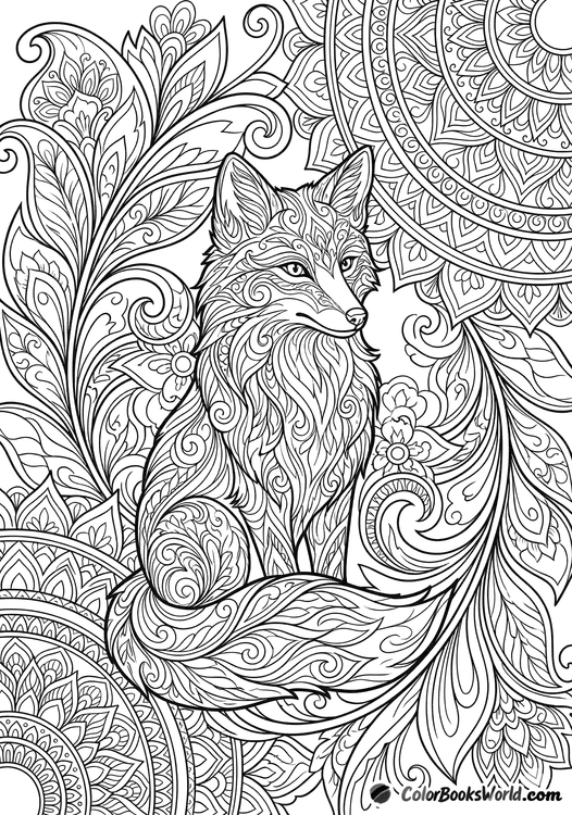 A graceful fox sits in a garden of botanical swirls and mandala patterns.