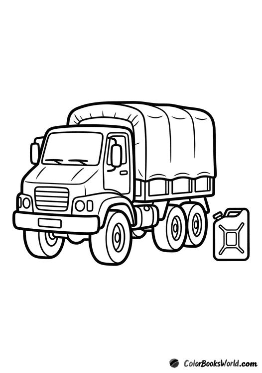 Cartoon military truck with a canvas cover, beside a wooden crate and a fuel canister.