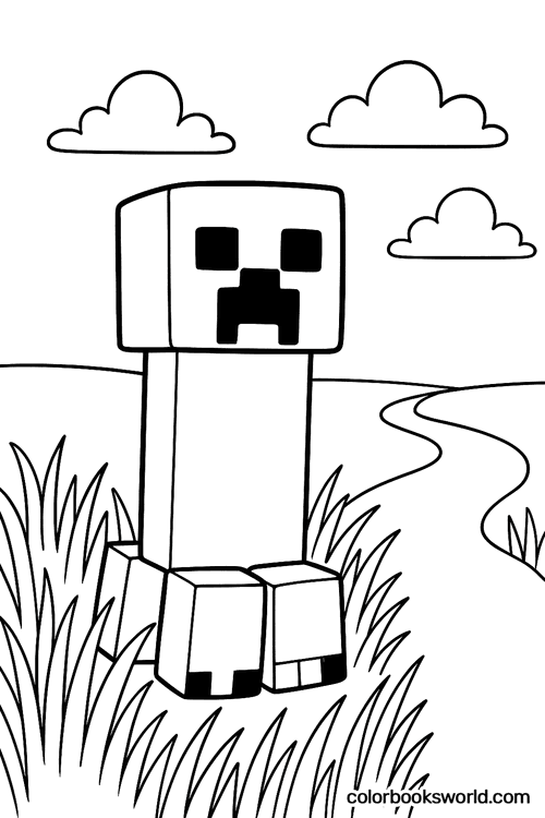 A blocky Minecraft creeper stands in tall grass beside a winding path under clouds.
