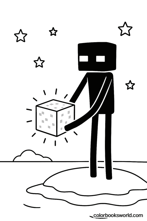 Tall blocky Enderman holding a glowing block above a small island under a starry sky.