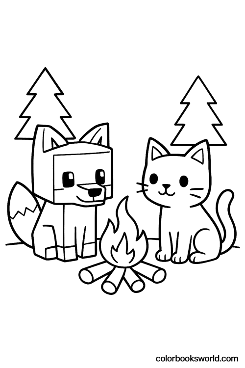 Blocky fox and cat sitting by a campfire with pine trees in the background.
