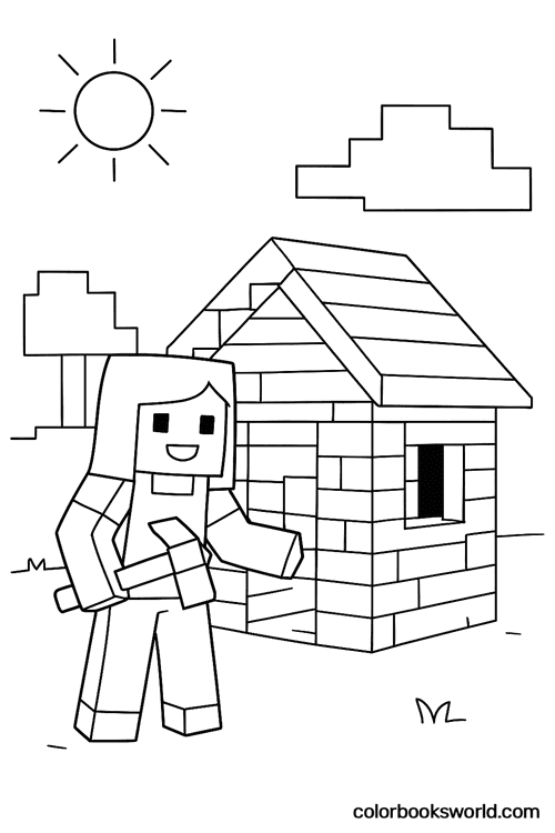 Blocky Minecraft player holding a pickaxe beside a small block house with a pitched roof, with sun and trees behind.