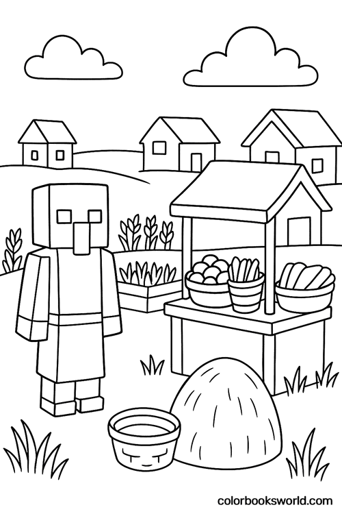 Blocky Minecraft villager stands by a market stall with baskets of produce, with village houses and fields on gentle hills.