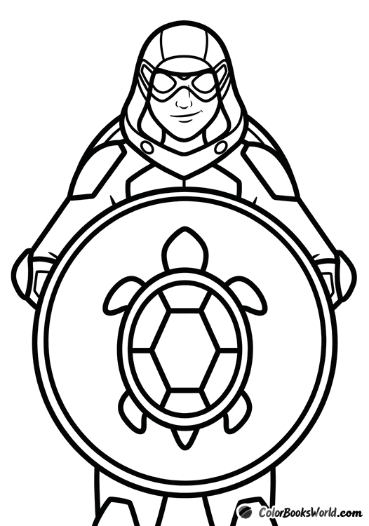 Carapace from Miraculous holds a large round turtle shield in front of him.