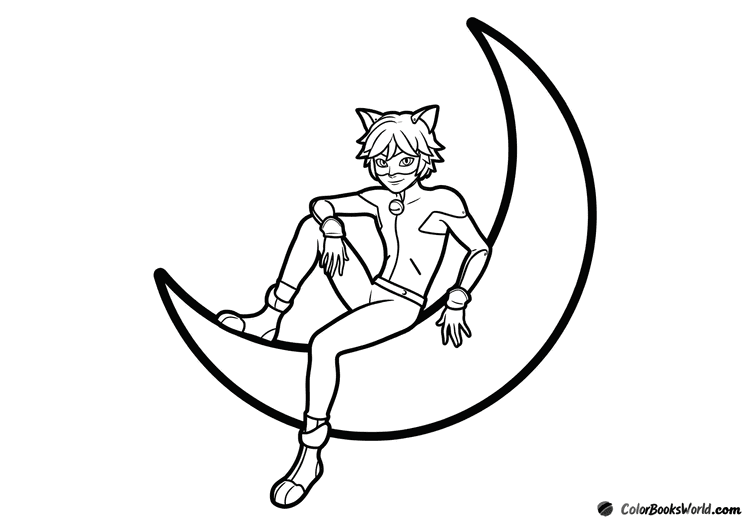 Cat Noir sits casually on a large crescent moon, drawn with clean bold outlines.