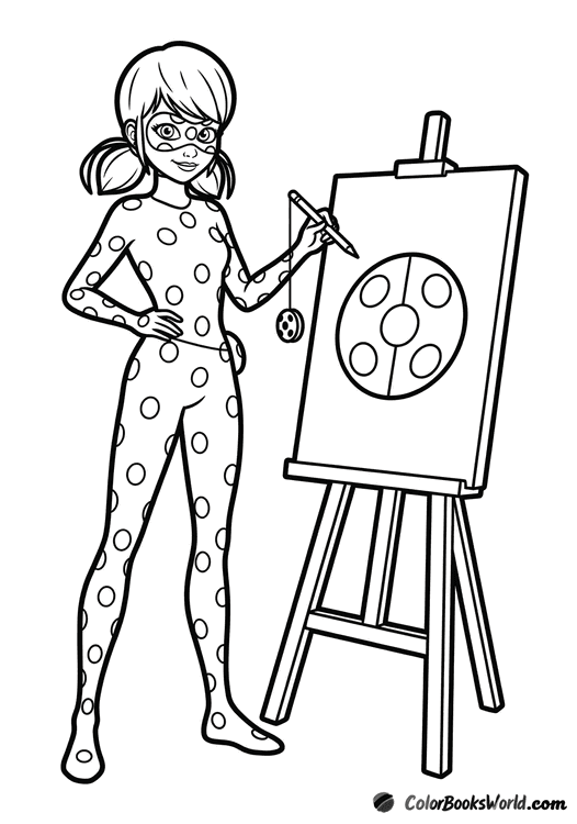 Ladybug holds her yo-yo like a pencil beside an artist’s easel and canvas.