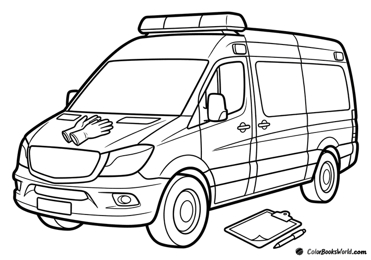 Modern ambulance with a roof lightbar, protective gloves on the hood, and a clipboard by the wheel.