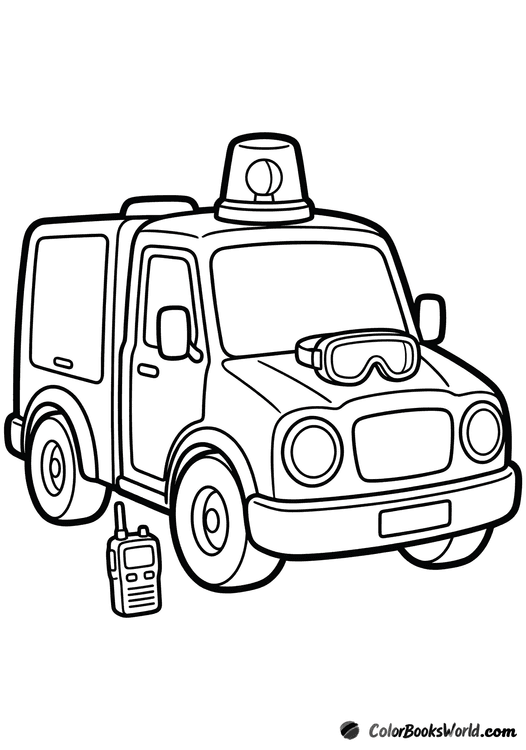 Modern fire engine with a roof siren, safety goggles on the hood, and a walkie-talkie on the ground.