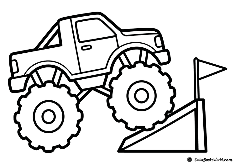 Cartoon monster truck with huge tires beside a jump ramp and a pennant flag.