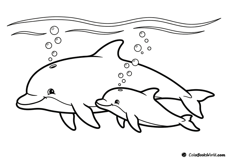 Cartoon mother dolphin and her calf swim side by side near the surface with bubbles.