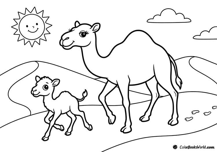A mother dromedary camel and her calf walk across desert sand dunes under a sunny sky.