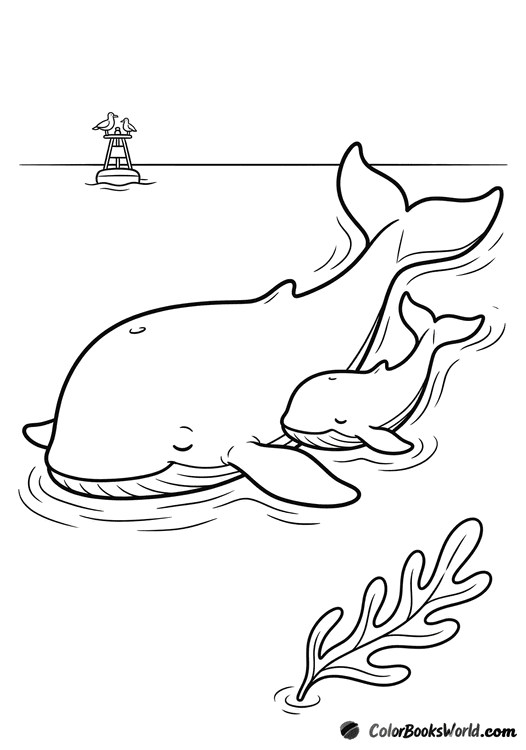 A mother blue whale swims beside her calf in the ocean, with a buoy and two birds in the distance.