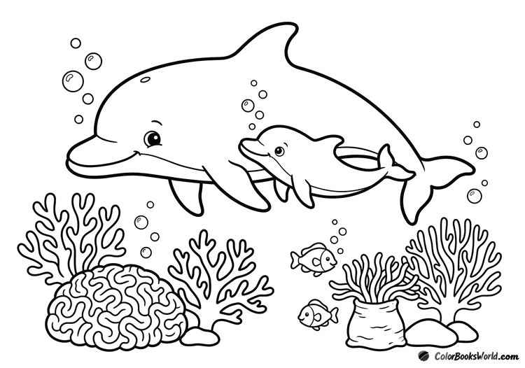 A mother dolphin and her calf swim above a coral reef with small fish and an anemone.