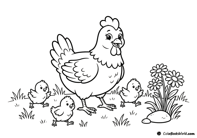 A mother hen stands in a meadow with four fluffy chicks, a daisy, and a small pebble.