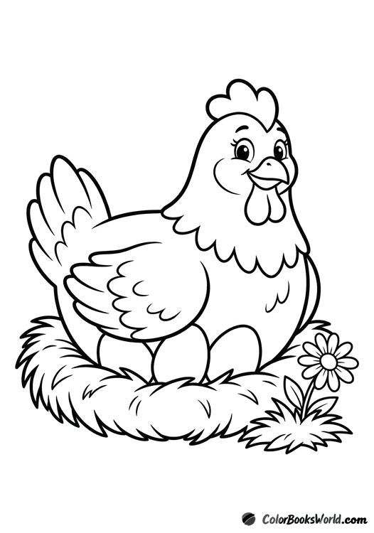 A mother hen sits in a straw nest with three eggs, with a daisy nearby.