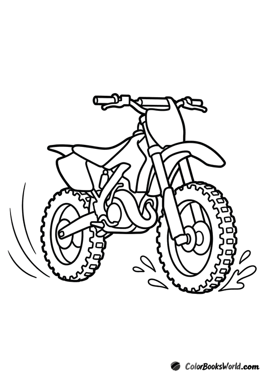 Cartoon motocross bike with knobby tires, dust motion lines, and a small water splash.