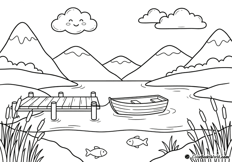 A calm mountain lake with a rowboat by a wooden dock, mountains behind, and fish in the water.