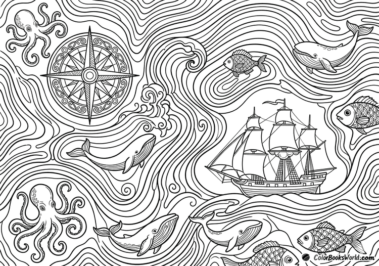 Intricate line art of a vintage sailing ship surrounded by a compass rose, octopuses, whales, and fish among wavy sea lines.