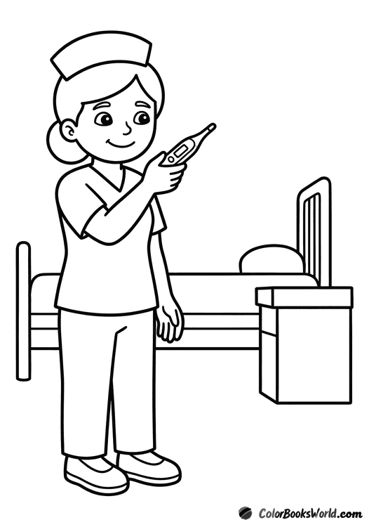 A friendly nurse in uniform holds a thermometer in a hospital room beside a bed.