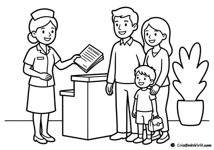 A smiling nurse hands discharge papers to a happy family at the hospital reception desk.