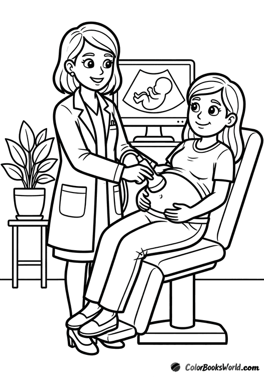 An obstetrician performing an ultrasound on a pregnant woman with a baby silhouette on the monitor.