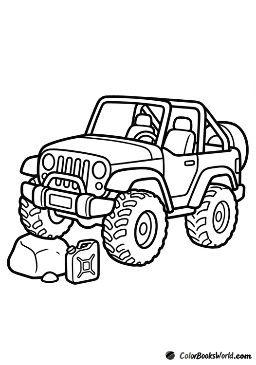 Cartoon off-road jeep with a spare tire, a jerrycan, and a large rock beside it.
