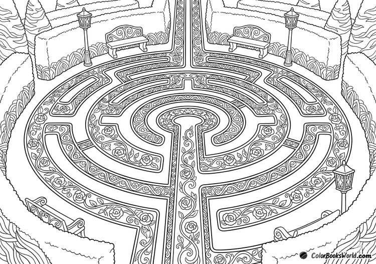 A detailed circular garden labyrinth with floral patterns, wooden benches, and classic lanterns in a line art style.