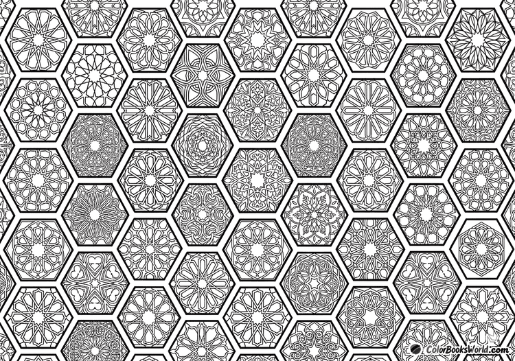 A hexagonal honeycomb grid where each cell contains a unique ornamental geometric motif in black line art.