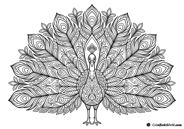 Stylized peacock with a fully fanned, symmetrical tail filled with layered eye motifs and floral filigree.