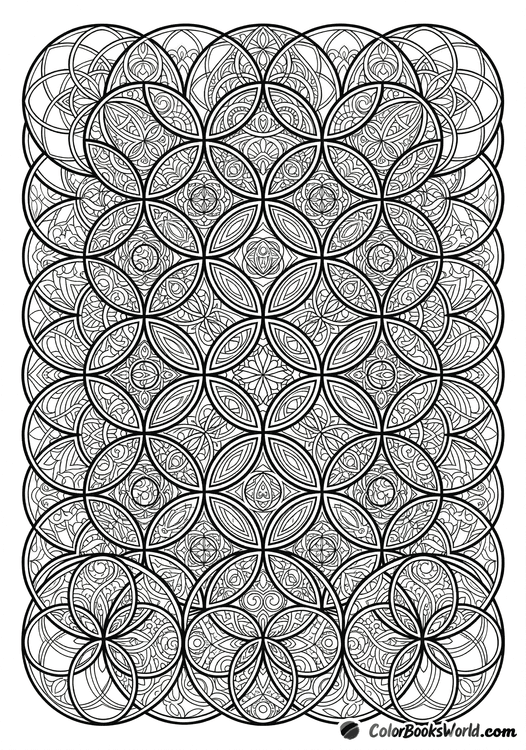 A complex geometric pattern of overlapping circles and vesica piscis shapes with fine filigree details.