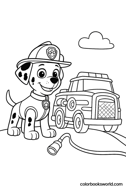 Marshall smiles beside his fire truck, with a rescue hose lying in the foreground.