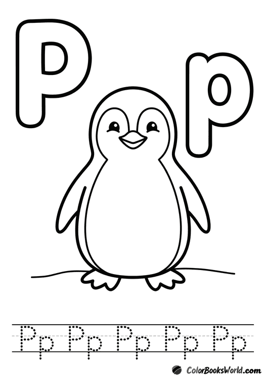 A smiling penguin stands between uppercase P and lowercase p, with a dotted tracing line below.